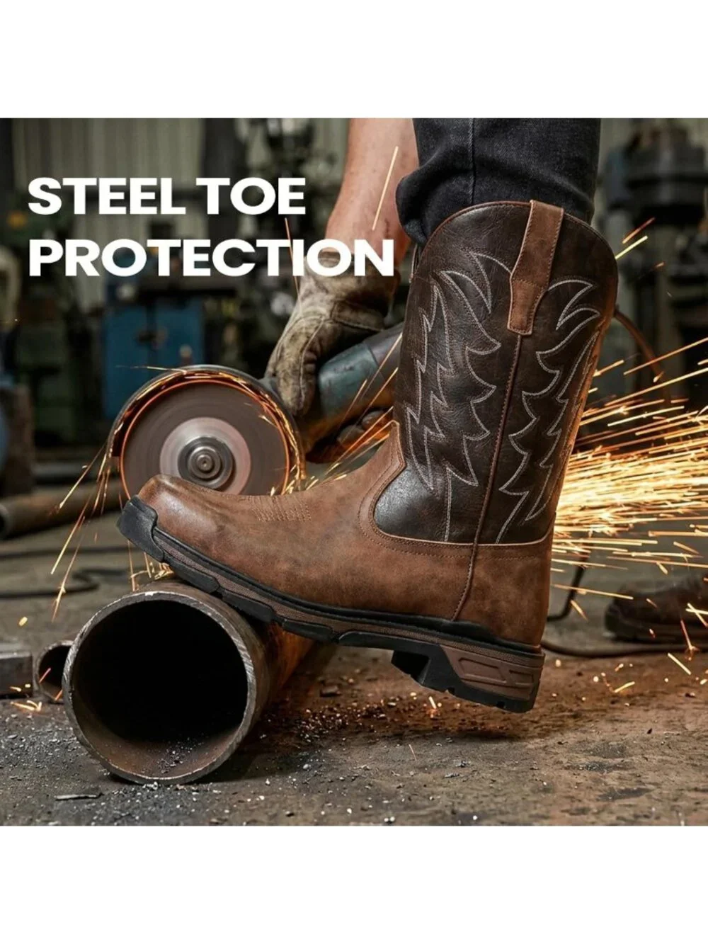 Steel Toe Cowboy Work Boots for Men | Safety Square Toe Western Style Footwear